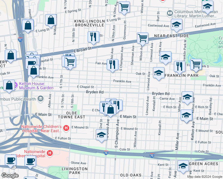 map of restaurants, bars, coffee shops, grocery stores, and more near 1087 Franklin Avenue in Columbus