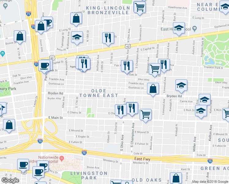 map of restaurants, bars, coffee shops, grocery stores, and more near 1040 Bryden Road in Columbus