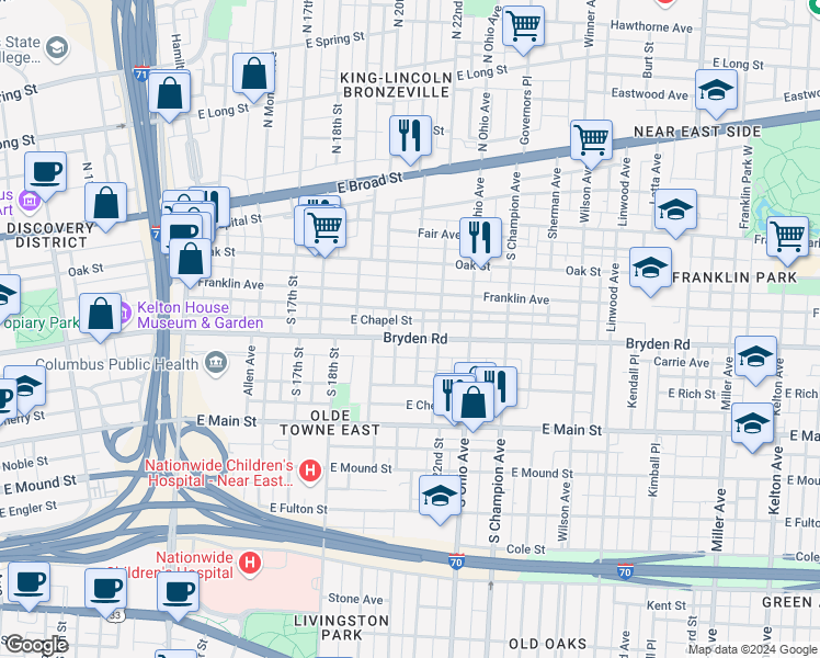 map of restaurants, bars, coffee shops, grocery stores, and more near 1033 Gustavus Lane in Columbus