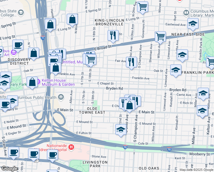 map of restaurants, bars, coffee shops, grocery stores, and more near 180 South 20th Street in Columbus