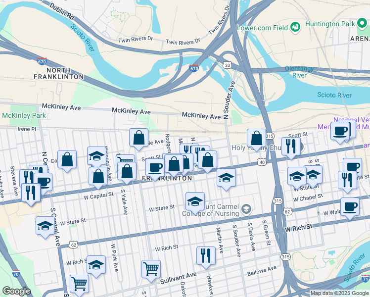 map of restaurants, bars, coffee shops, grocery stores, and more near 118 Meek Avenue in Columbus