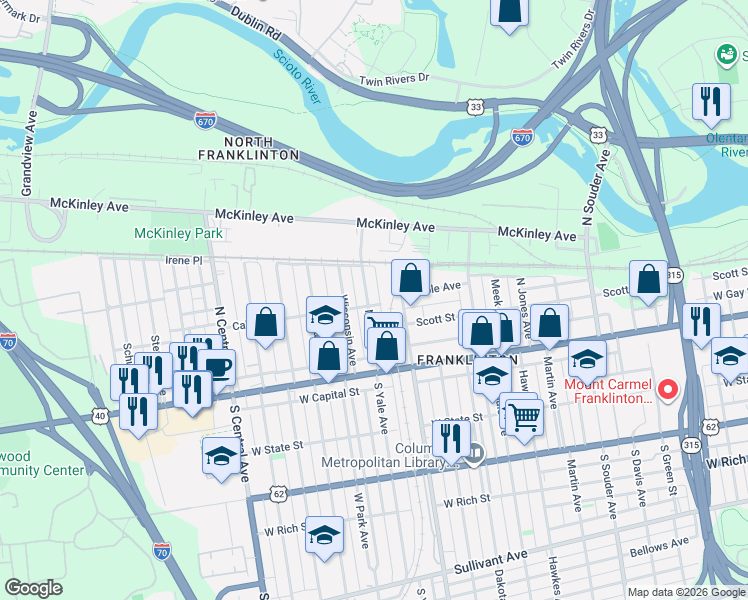 map of restaurants, bars, coffee shops, grocery stores, and more near 143 North Yale Avenue in Columbus