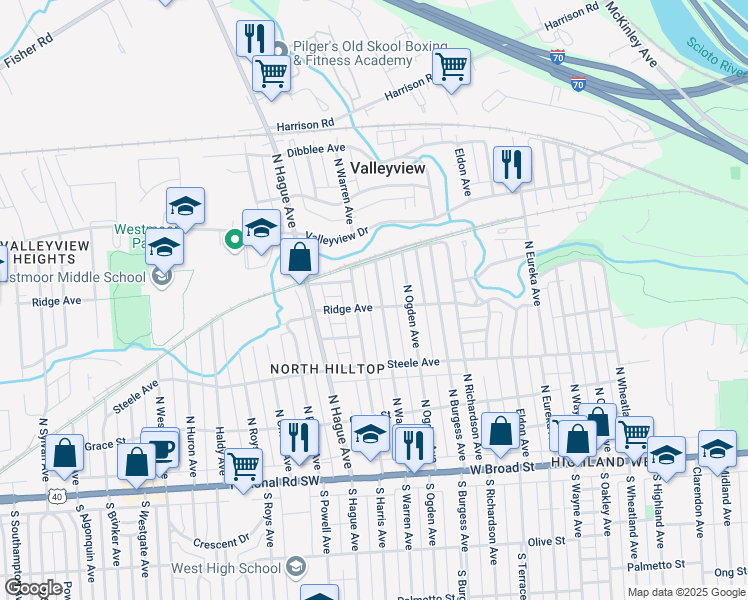 map of restaurants, bars, coffee shops, grocery stores, and more near 313 North Warren Avenue in Columbus