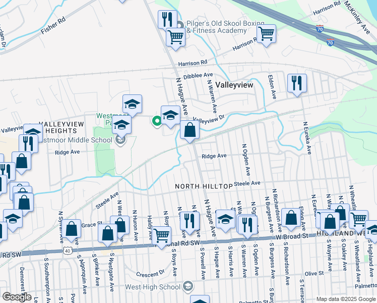 map of restaurants, bars, coffee shops, grocery stores, and more near 301 North Hague Avenue in Columbus