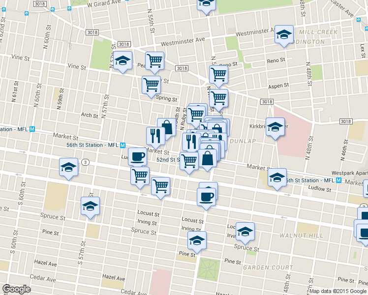 map of restaurants, bars, coffee shops, grocery stores, and more near 16 North Peach Street in Philadelphia