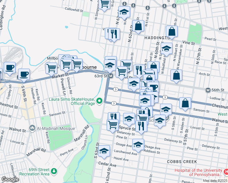 map of restaurants, bars, coffee shops, grocery stores, and more near 6236 Ludlow Street in Philadelphia