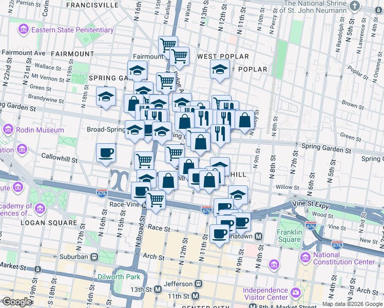 map of restaurants, bars, coffee shops, grocery stores, and more near 1234 Spring Garden Street in Philadelphia