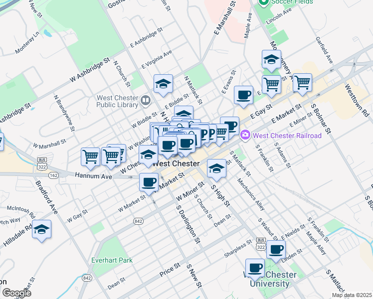 map of restaurants, bars, coffee shops, grocery stores, and more near in West Chester