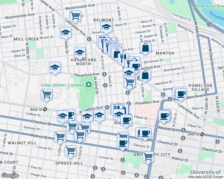 map of restaurants, bars, coffee shops, grocery stores, and more near 419 Budd Street in Philadelphia