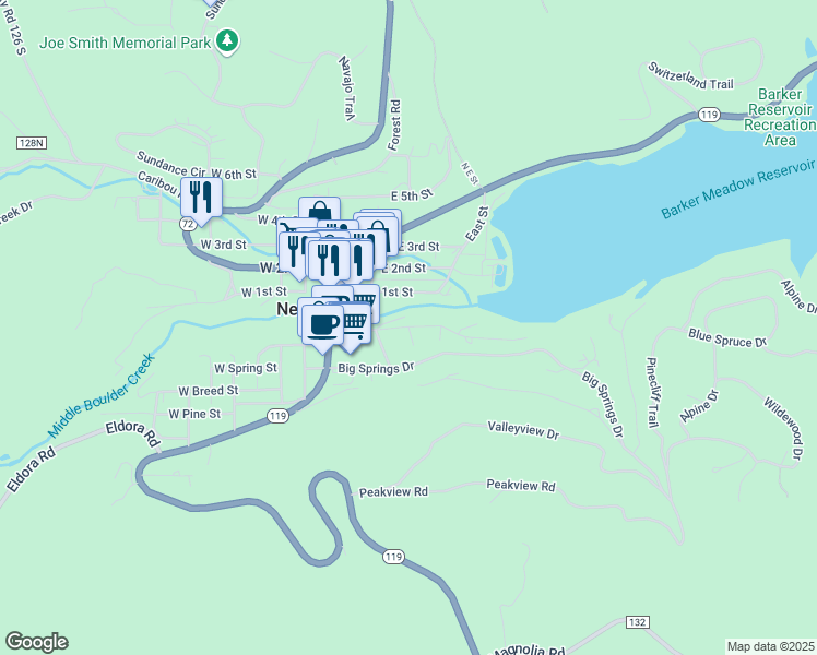 map of restaurants, bars, coffee shops, grocery stores, and more near Lakeview Place in Nederland