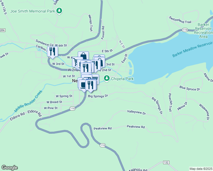map of restaurants, bars, coffee shops, grocery stores, and more near Lakeview Place in Nederland