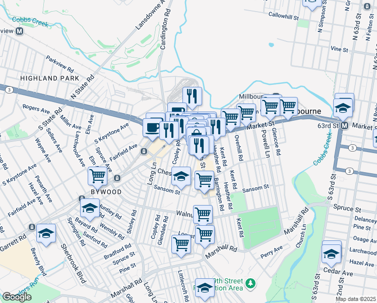 map of restaurants, bars, coffee shops, grocery stores, and more near 30 Hampden Road in Upper Darby