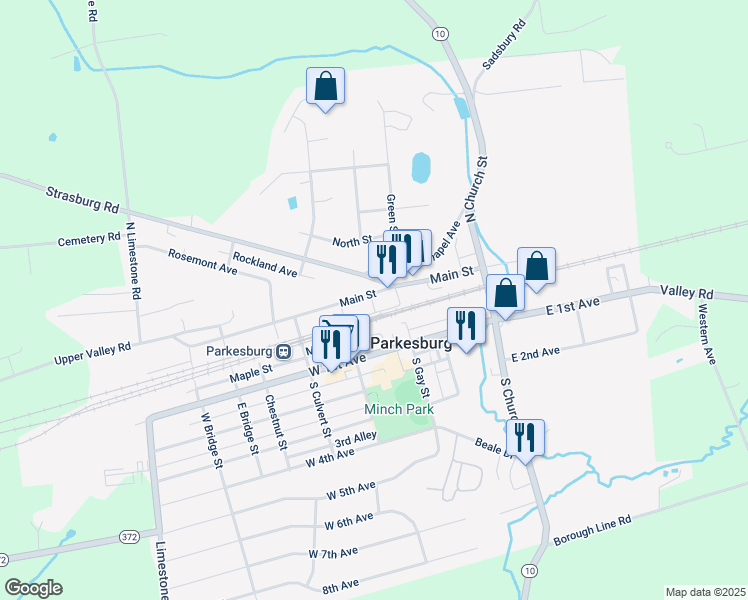 map of restaurants, bars, coffee shops, grocery stores, and more near 324 Main Street in Parkesburg