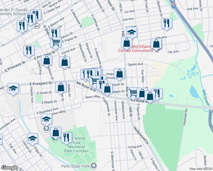 map of restaurants, bars, coffee shops, grocery stores, and more near 1114 East Prospect Street in York