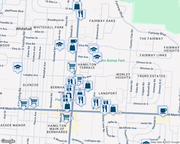 map of restaurants, bars, coffee shops, grocery stores, and more near 762 Martha Lane in Columbus