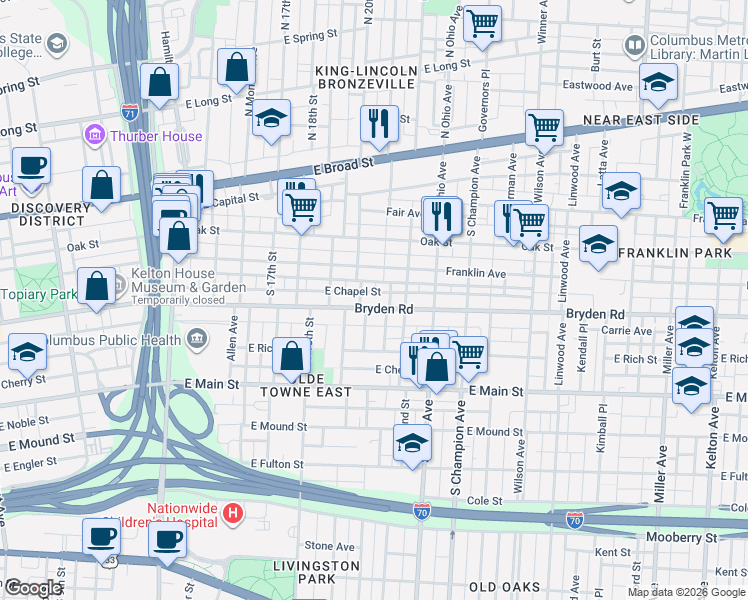 map of restaurants, bars, coffee shops, grocery stores, and more near 1033 Gustavus Lane in Columbus