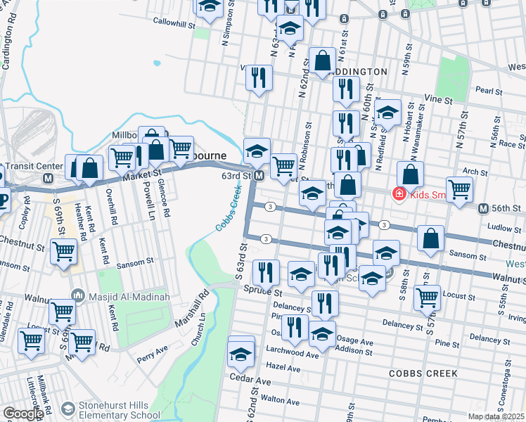 map of restaurants, bars, coffee shops, grocery stores, and more near 6240 Chestnut Street in Philadelphia