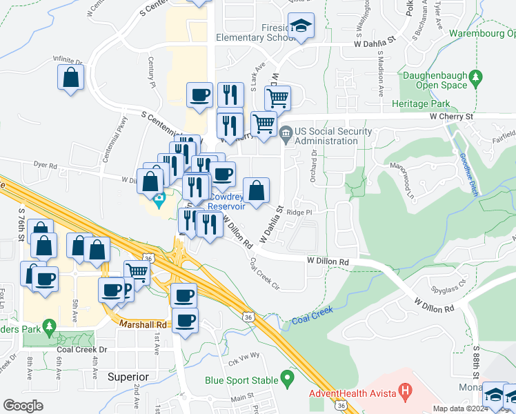 map of restaurants, bars, coffee shops, grocery stores, and more near 919 Dillon Road in Louisville