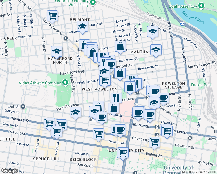 map of restaurants, bars, coffee shops, grocery stores, and more near 408 N Sloan St in Philadelphia