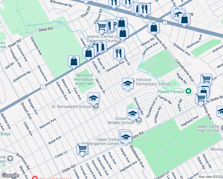 map of restaurants, bars, coffee shops, grocery stores, and more near 1039 Cobbs Street in Drexel Hill