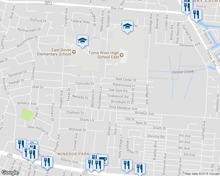 map of restaurants, bars, coffee shops, grocery stores, and more near 1912 Oak Dale Road in Toms River