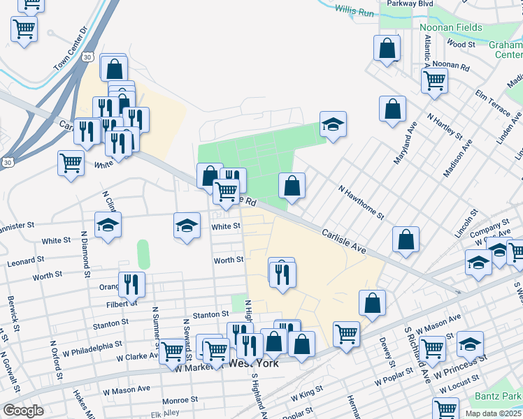 map of restaurants, bars, coffee shops, grocery stores, and more near 1306 Bannister Street in York