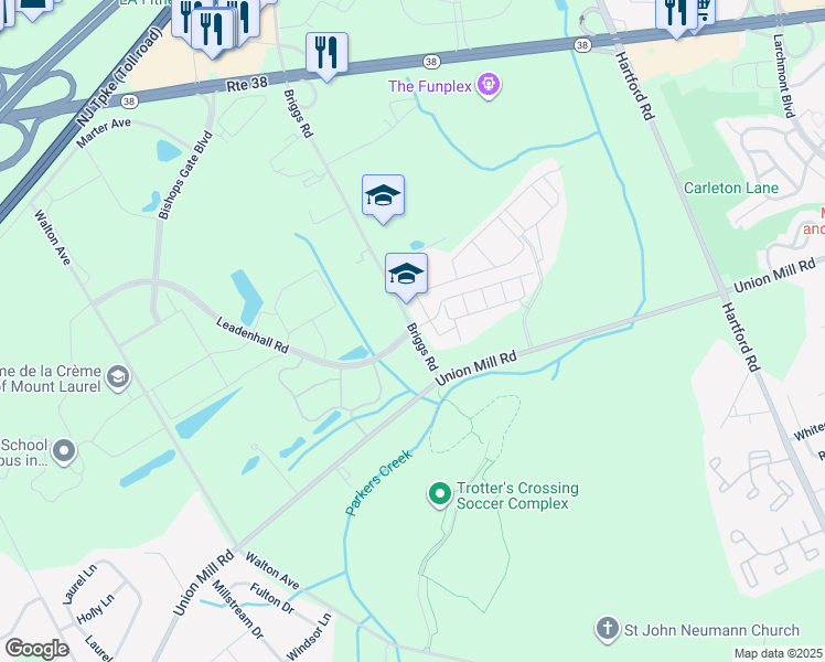 map of restaurants, bars, coffee shops, grocery stores, and more near 2059 Briggs Road in Mount Laurel