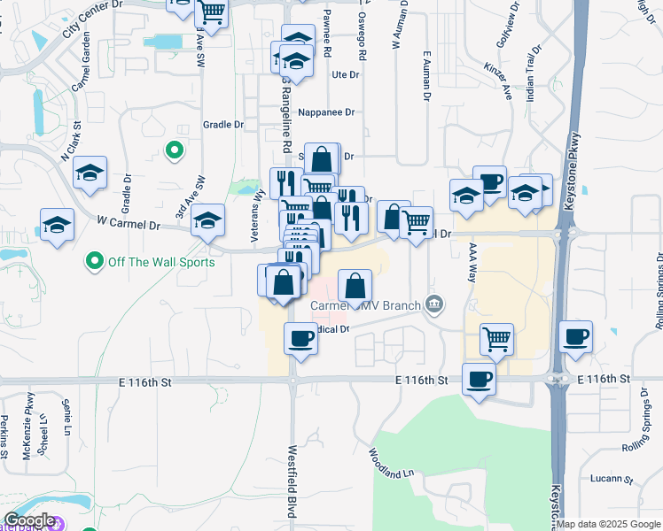 map of restaurants, bars, coffee shops, grocery stores, and more near 120 East Carmel Drive in Carmel
