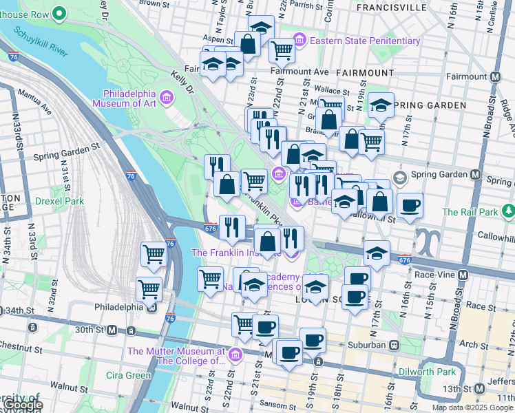 map of restaurants, bars, coffee shops, grocery stores, and more near 2202 Benjamin Franklin Parkway in Philadelphia