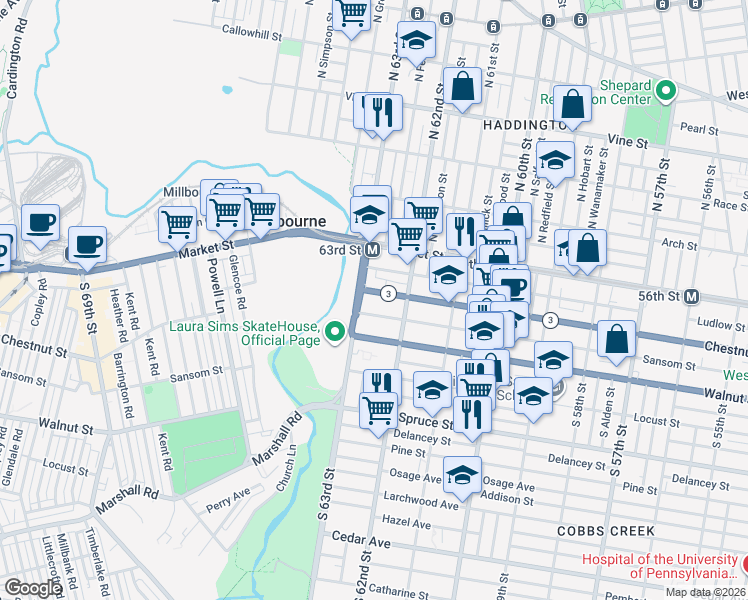 map of restaurants, bars, coffee shops, grocery stores, and more near 6236 Ludlow Street in Philadelphia