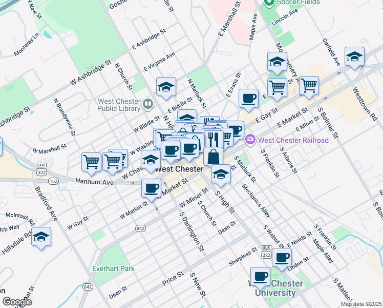 map of restaurants, bars, coffee shops, grocery stores, and more near 14 East Chestnut Street in West Chester