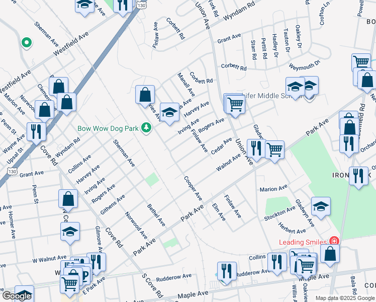 map of restaurants, bars, coffee shops, grocery stores, and more near 7249 Githens Avenue in Pennsauken Township