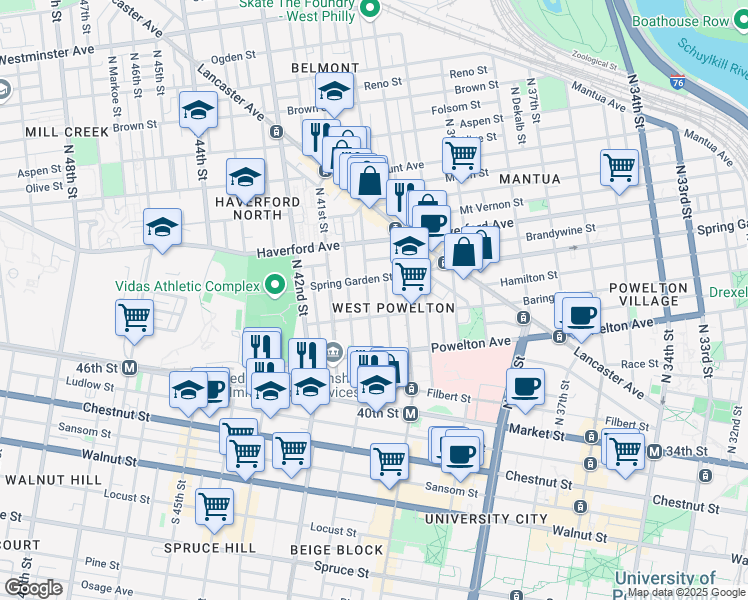 map of restaurants, bars, coffee shops, grocery stores, and more near 417 North Preston Street in Philadelphia