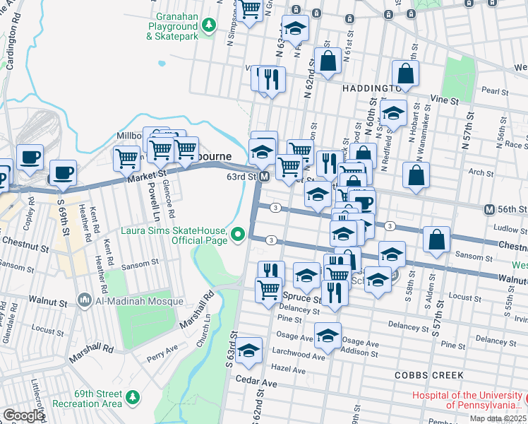 map of restaurants, bars, coffee shops, grocery stores, and more near 6236 Ludlow Street in Philadelphia