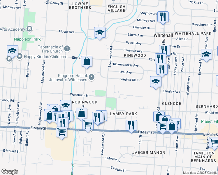 map of restaurants, bars, coffee shops, grocery stores, and more near 3995 Virginia Circle East in Columbus