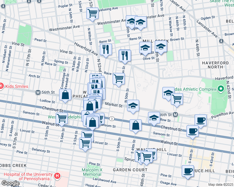 map of restaurants, bars, coffee shops, grocery stores, and more near 51 North Dearborn Street in Philadelphia