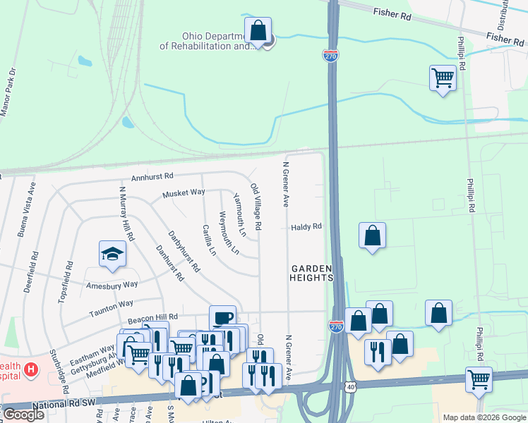 map of restaurants, bars, coffee shops, grocery stores, and more near 425 Old Village Road in Columbus