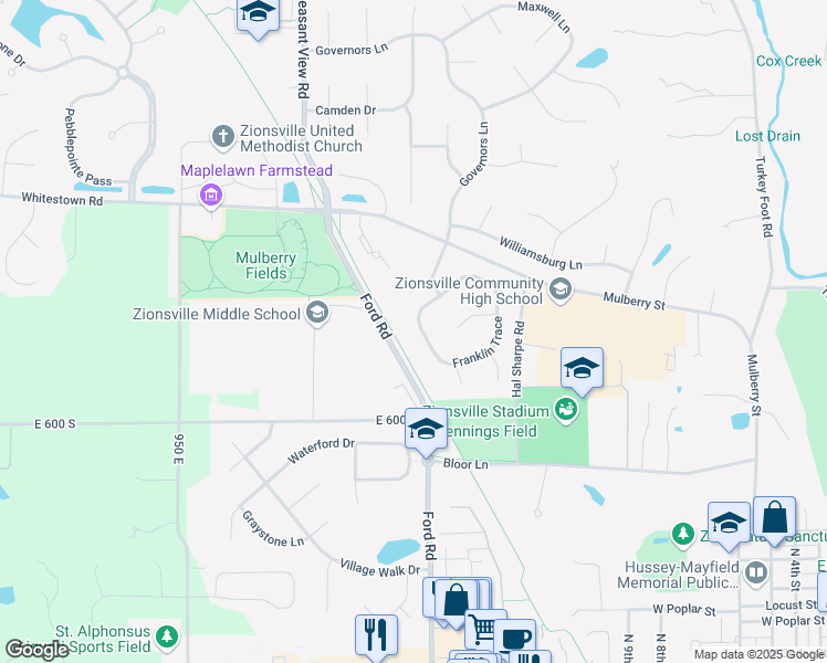 map of restaurants, bars, coffee shops, grocery stores, and more near 952 Franklin Trace in Zionsville