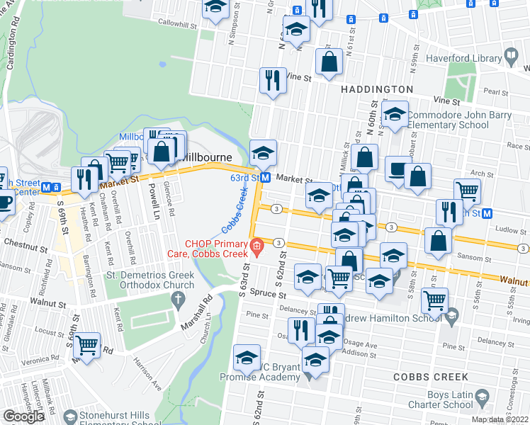 map of restaurants, bars, coffee shops, grocery stores, and more near 6250 Chestnut Street in Philadelphia