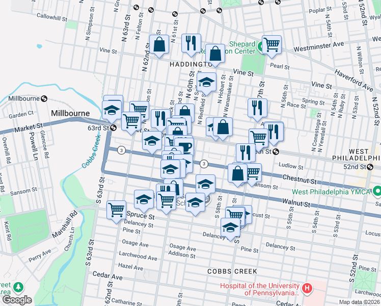 map of restaurants, bars, coffee shops, grocery stores, and more near 9 South Salford Street in Philadelphia
