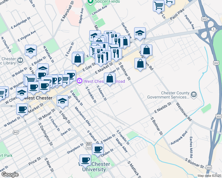 map of restaurants, bars, coffee shops, grocery stores, and more near 510 East Barnard Street in West Chester