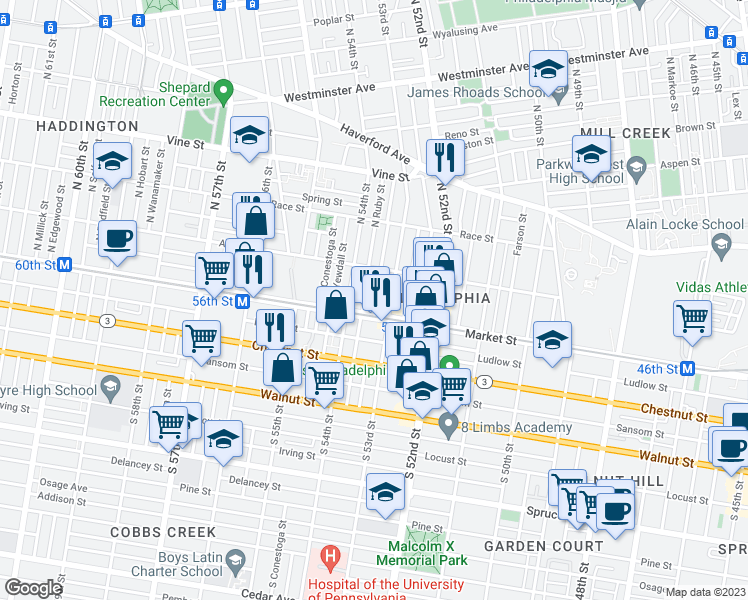 map of restaurants, bars, coffee shops, grocery stores, and more near 20 North Peach Street in Philadelphia