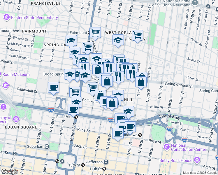 map of restaurants, bars, coffee shops, grocery stores, and more near 1124 Buttonwood Street in Philadelphia
