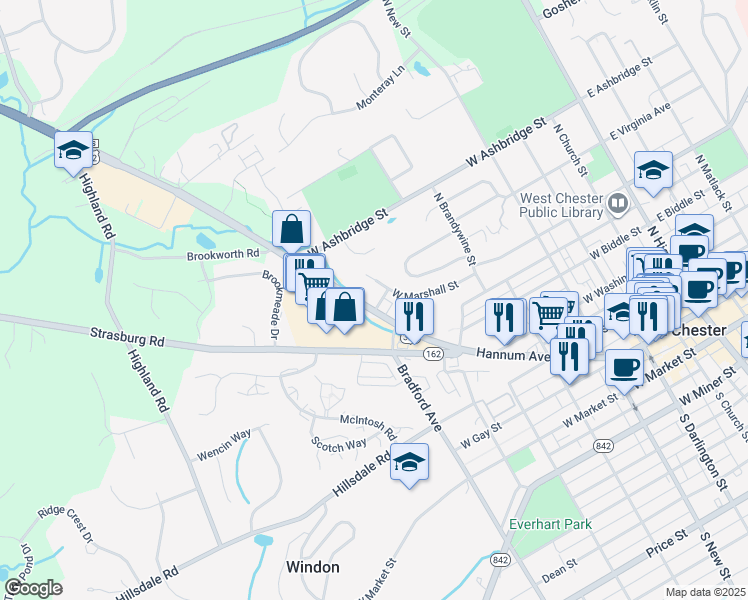 map of restaurants, bars, coffee shops, grocery stores, and more near 571 West Marshall Street in West Chester