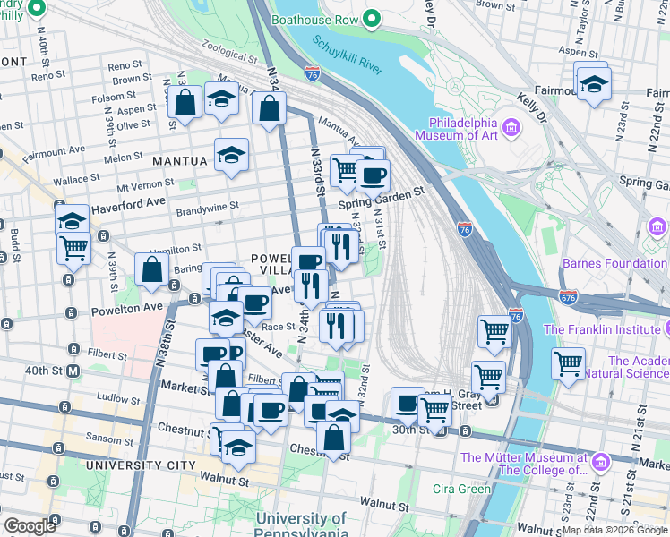 map of restaurants, bars, coffee shops, grocery stores, and more near 3218 Pearl Street in Philadelphia