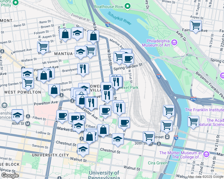 map of restaurants, bars, coffee shops, grocery stores, and more near 310 North 33rd Street in Philadelphia