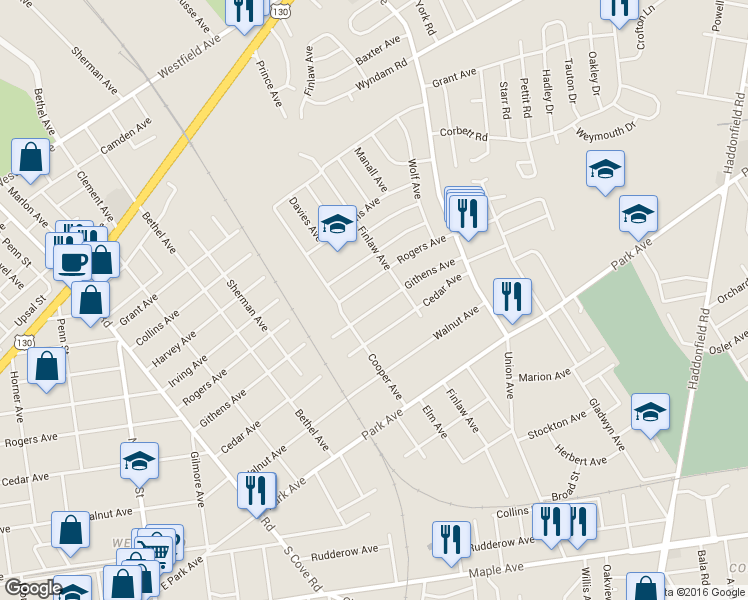 map of restaurants, bars, coffee shops, grocery stores, and more near 7249 Githens Avenue in Pennsauken Township