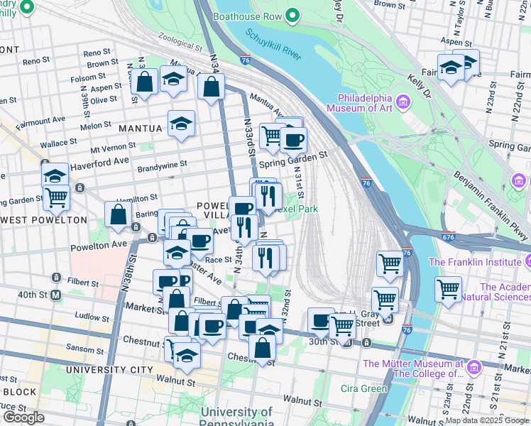 map of restaurants, bars, coffee shops, grocery stores, and more near 3216 Pearl Street in Philadelphia