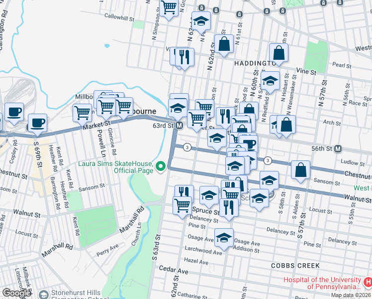 map of restaurants, bars, coffee shops, grocery stores, and more near 6236 Ludlow Street in Philadelphia