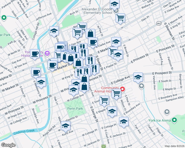 map of restaurants, bars, coffee shops, grocery stores, and more near 50 East King Street in York